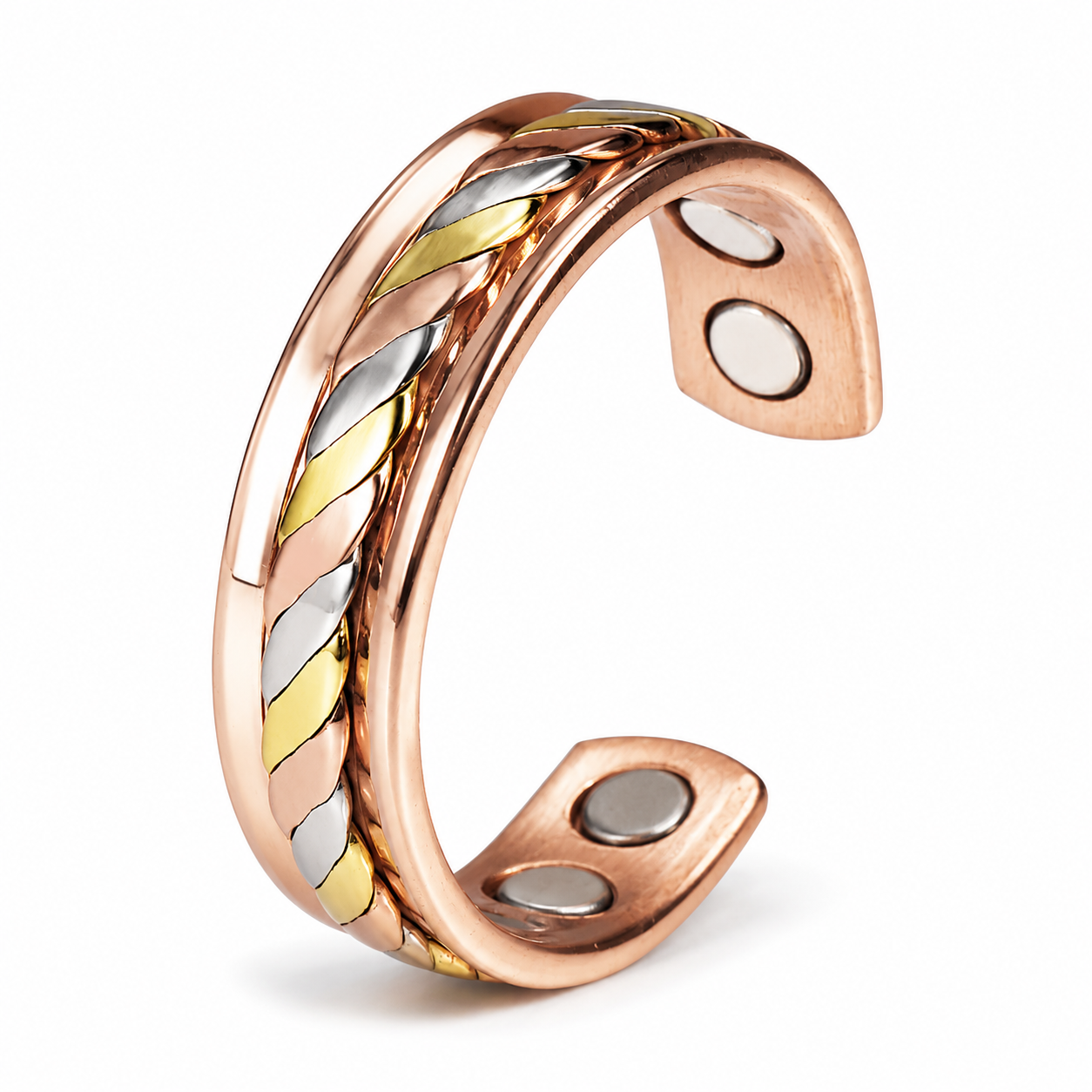 WOLLET Tri-Tone Copper Magnetic Bracelet – Luxury Rose Gold Cuff with Gold & Silver Braided Design