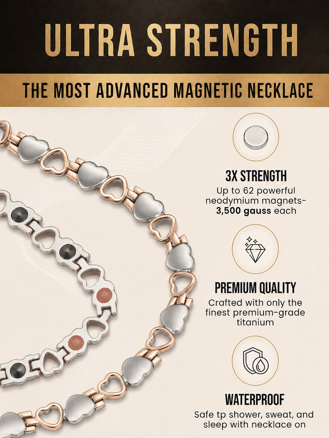 WOLLET Rose Gold & Silver Titanium Magnetic Necklace, Two-Tone Circle Link Chain for Men and Women
