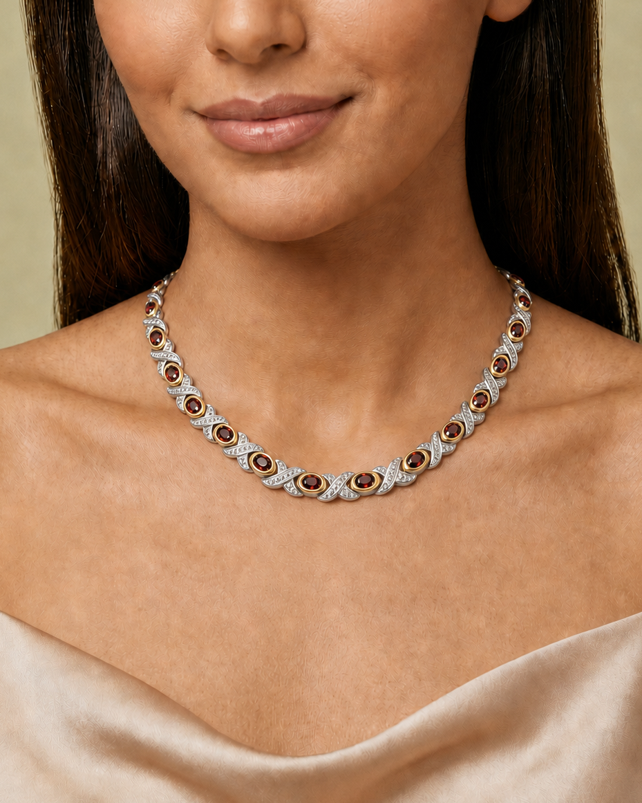 WOLLET Silver Red Garnet Gemstone Necklace – Vintage Luxury Statement Jewelry