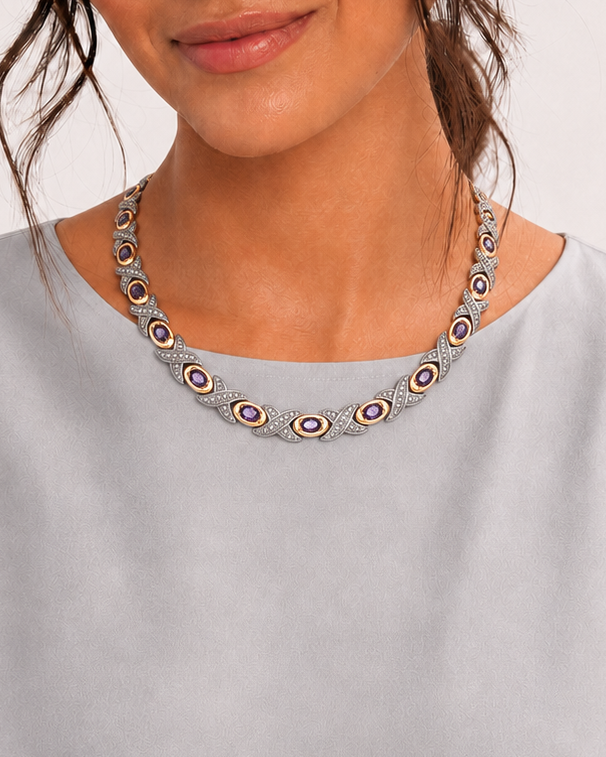 WOLLET Silver Gold Amethyst Necklace – Vintage Luxury Botanical Jewelry
