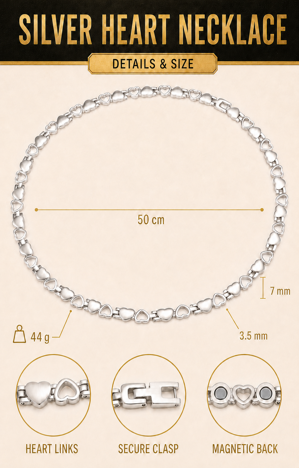 WOLLET Silver Titanium Magnetic Necklace for Men, Elegant Circle Link Chain, Minimalist Luxury Wellness Jewelry