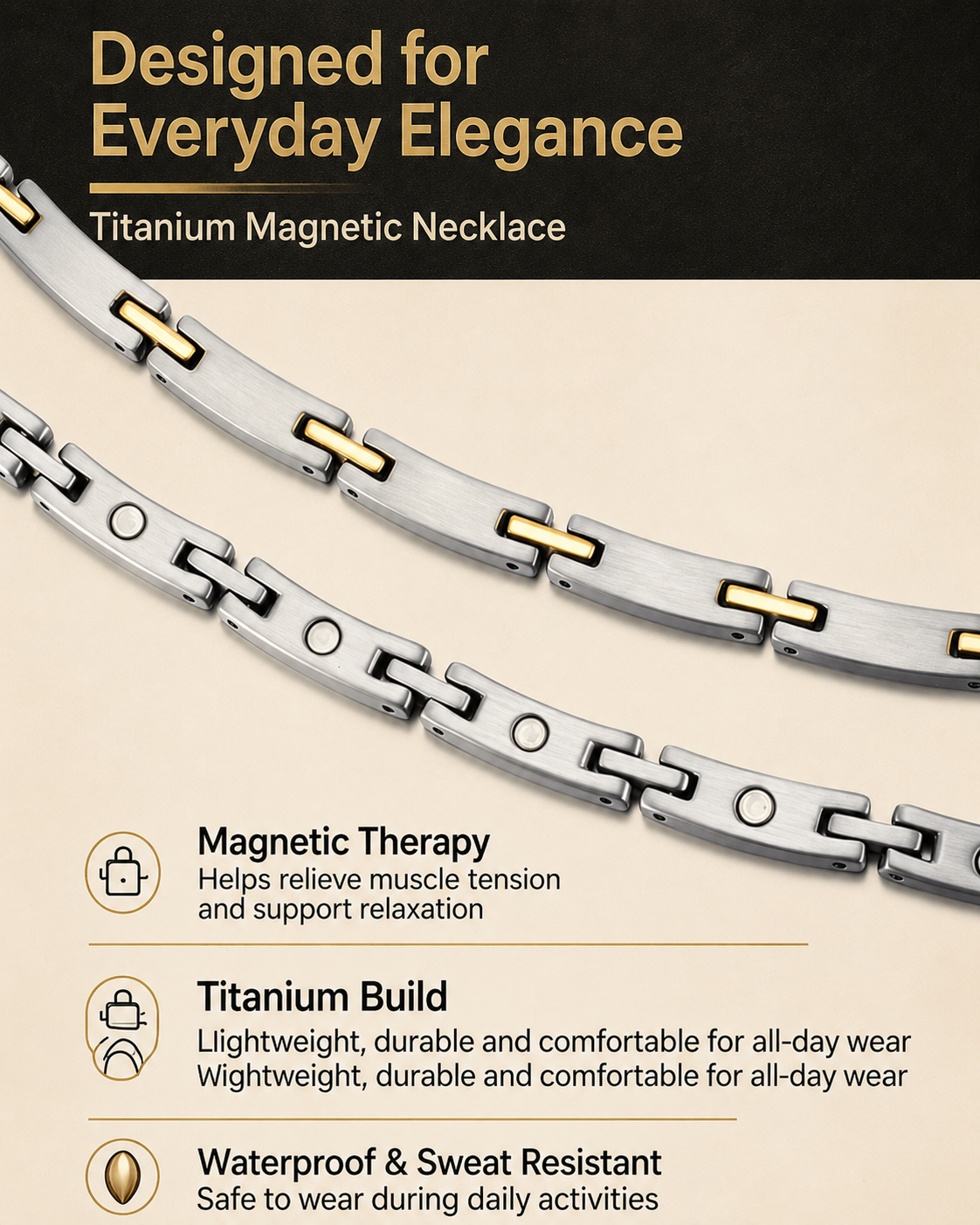 WOLLET Two-Tone Titanium Magnetic Necklace for Men, Silver & Gold Link Chain, Premium Stainless Steel Wellness Jewelry