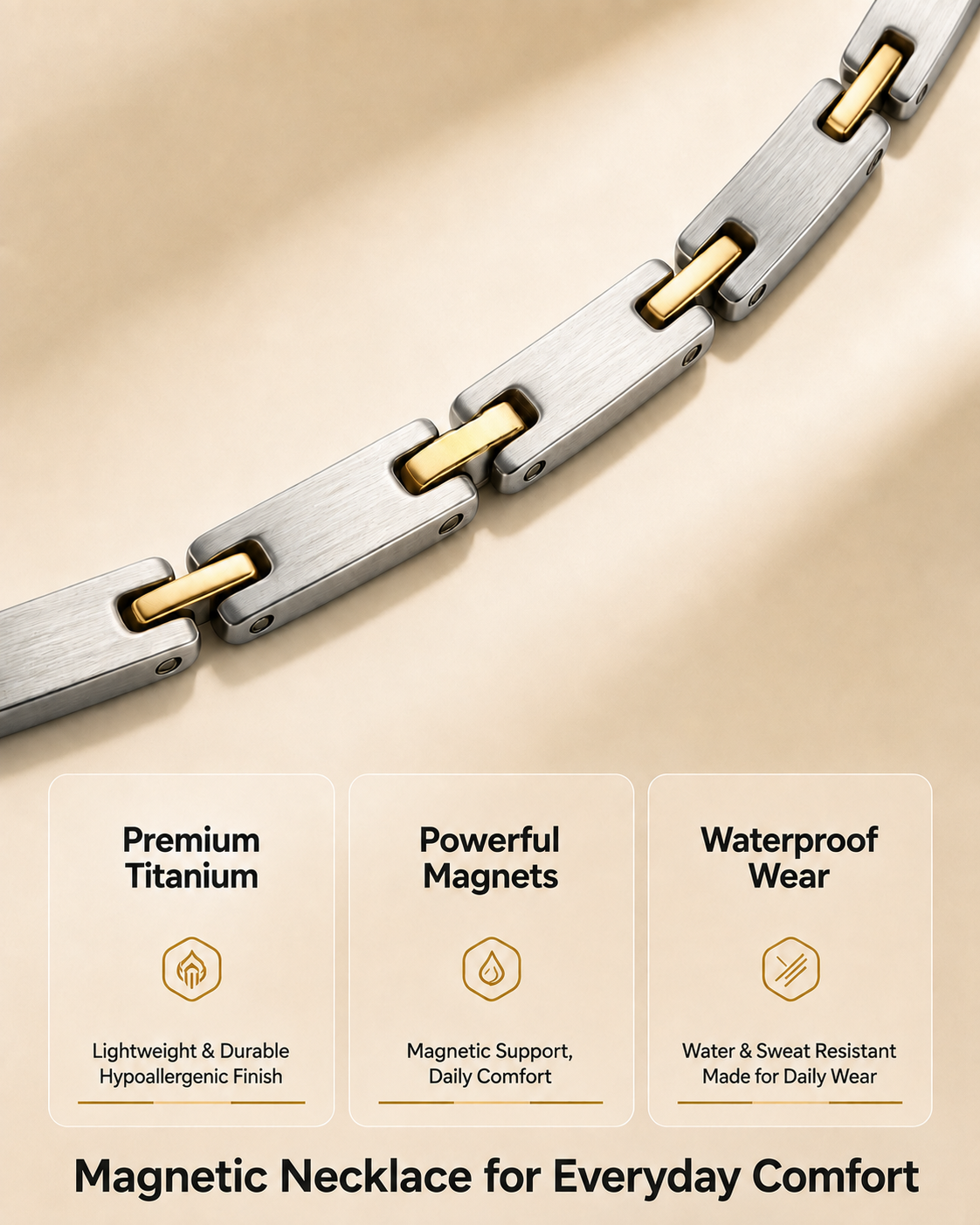 WOLLET Two-Tone Titanium Magnetic Necklace for Men, Silver & Gold Link Chain, Premium Stainless Steel Wellness Jewelry