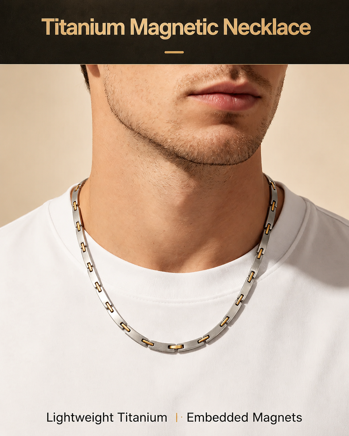 WOLLET Two-Tone Titanium Magnetic Necklace for Men, Silver & Gold Link Chain, Premium Stainless Steel Wellness Jewelry