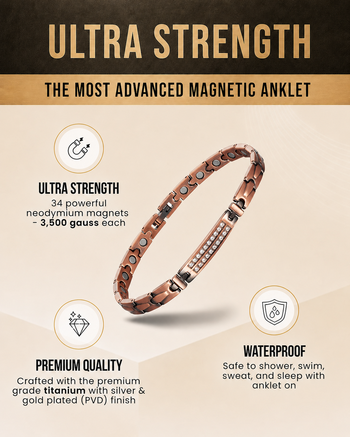 WOLLET Rose Copper Magnetic Anklet – Elegant Crystal Accent Link Ankle Bracelet for Women