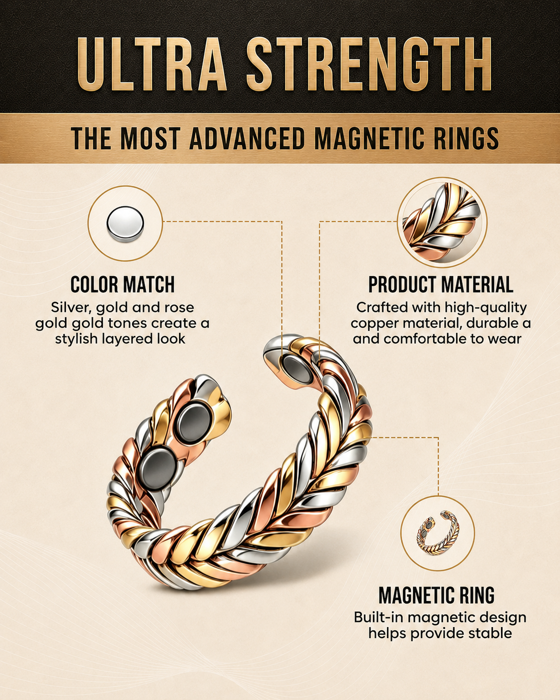 Men's Vintage Copper Ring – Adjustable Magnetic Band