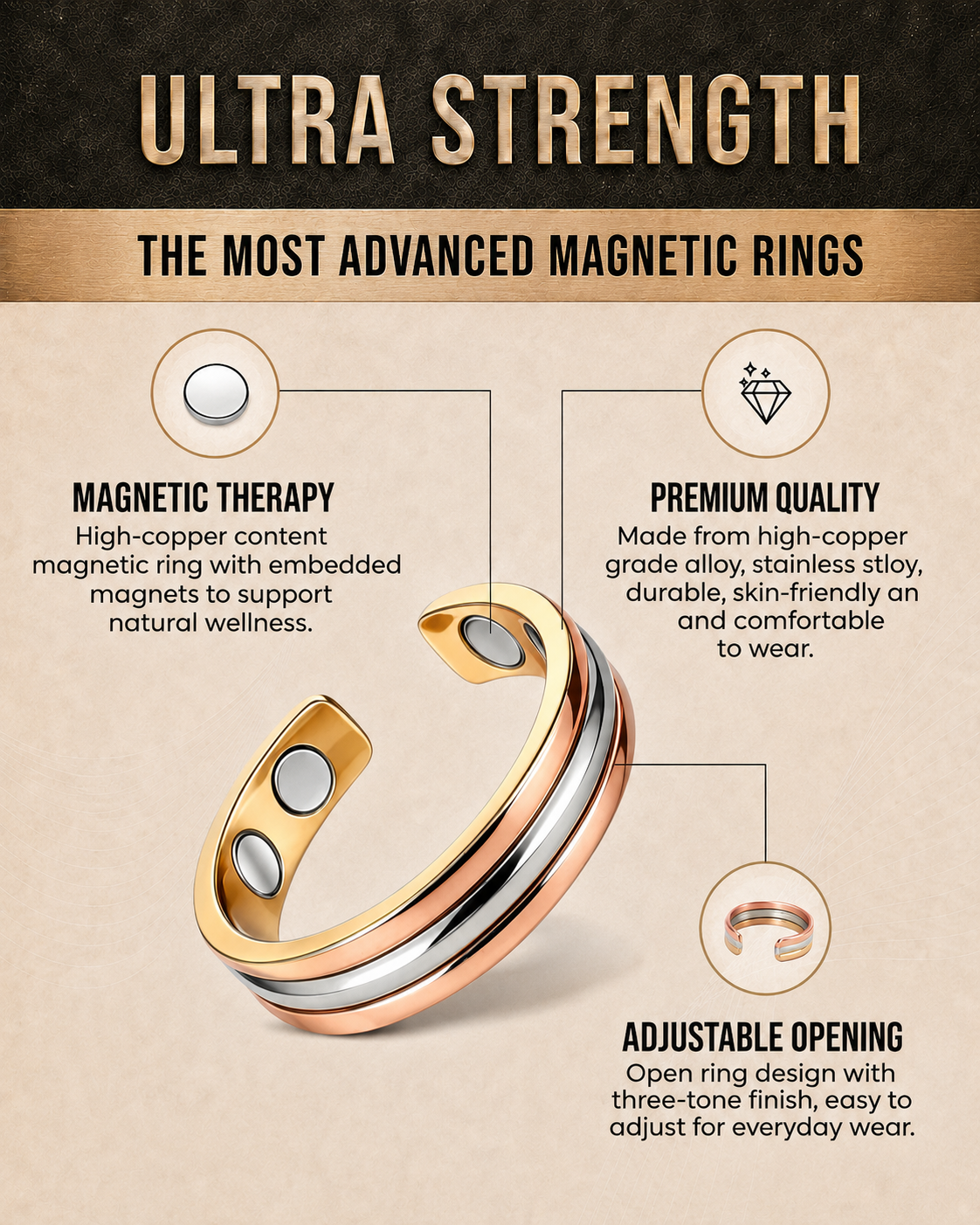 WOLLET Tri-Color Magnetic Bracelet – Luxury Open Cuff Jewelry with Gold, Silver &amp; Rose Gold Design