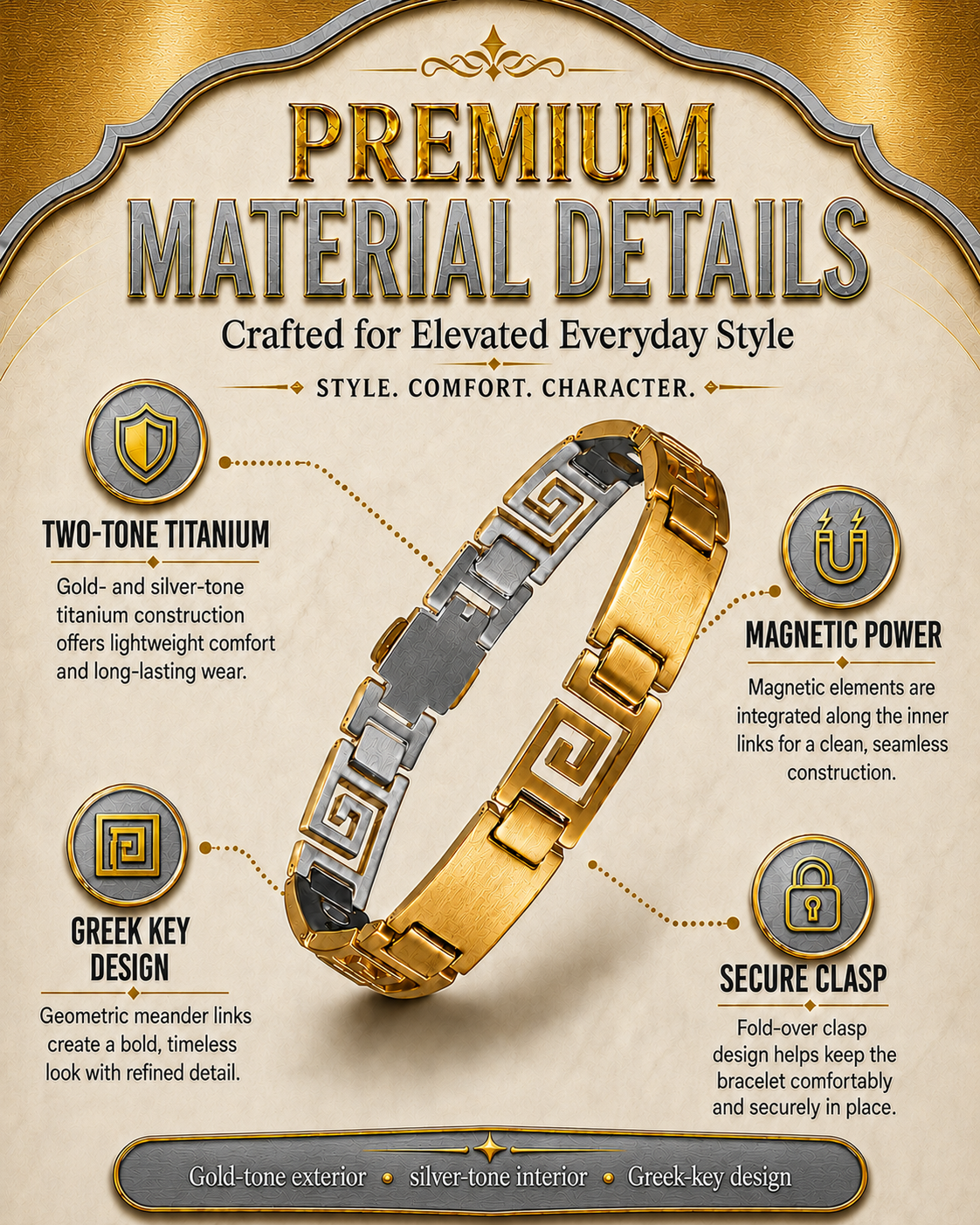 Men's Ultra Strength Magnetic Titanium Bracelet (Greek Key Design)