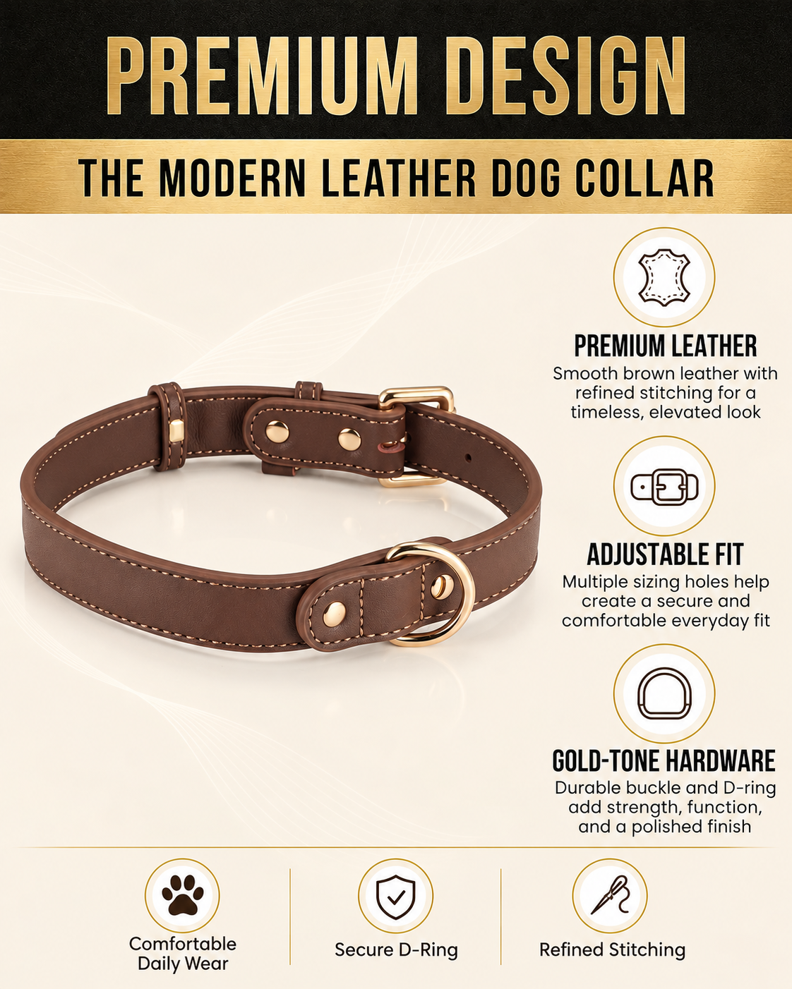 Classic Brown Dog Collar with Gold-Tone Hardware – Adjustable & Elegant