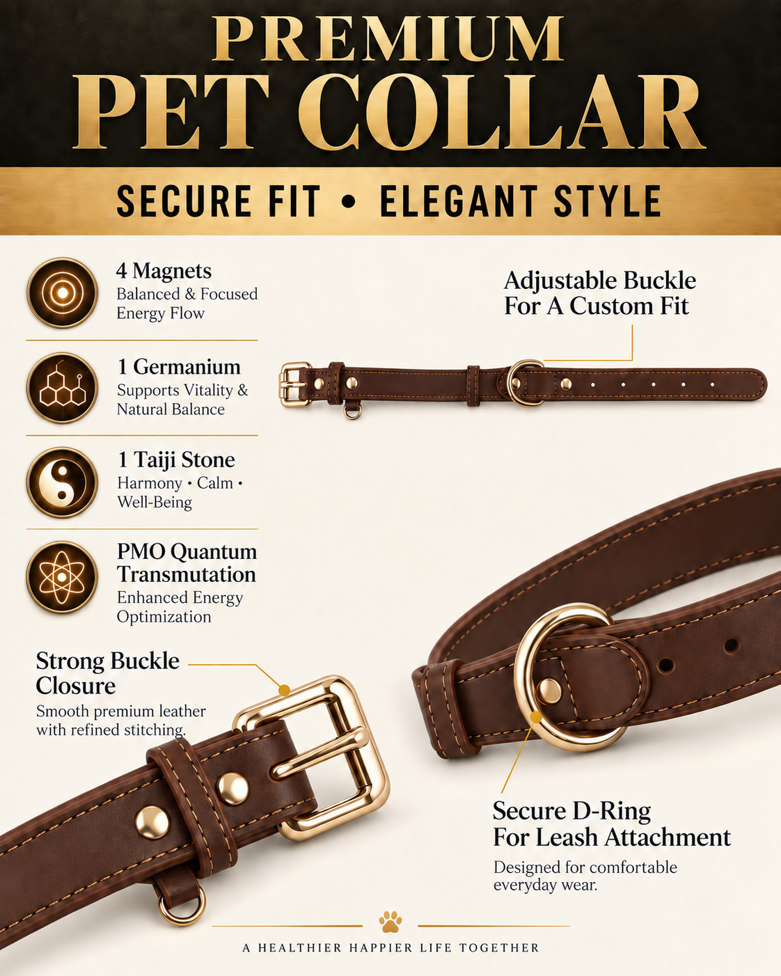 Classic Brown Dog Collar with Gold-Tone Hardware – Adjustable & Elegant