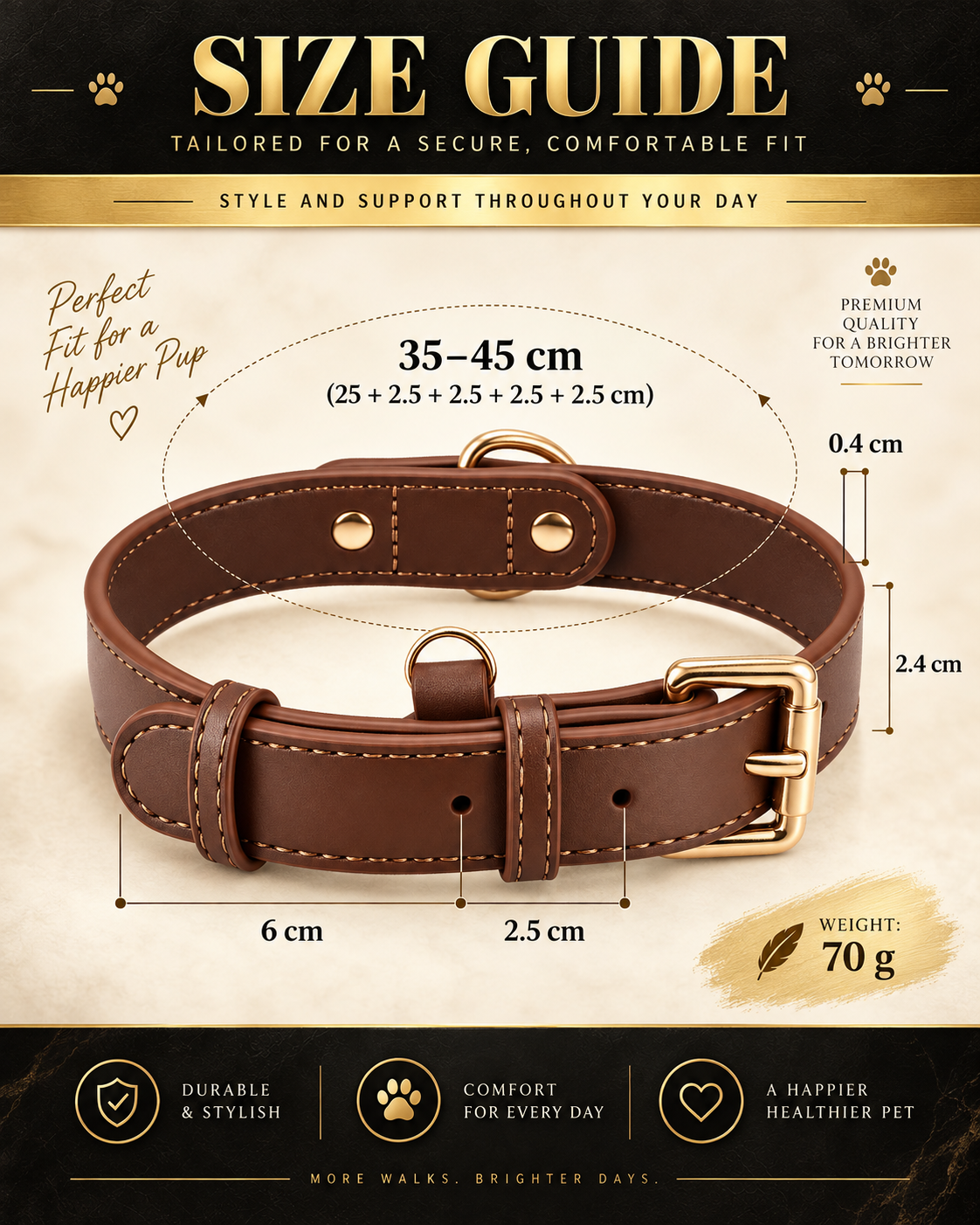 Classic Brown Dog Collar with Gold-Tone Hardware – Adjustable & Elegant