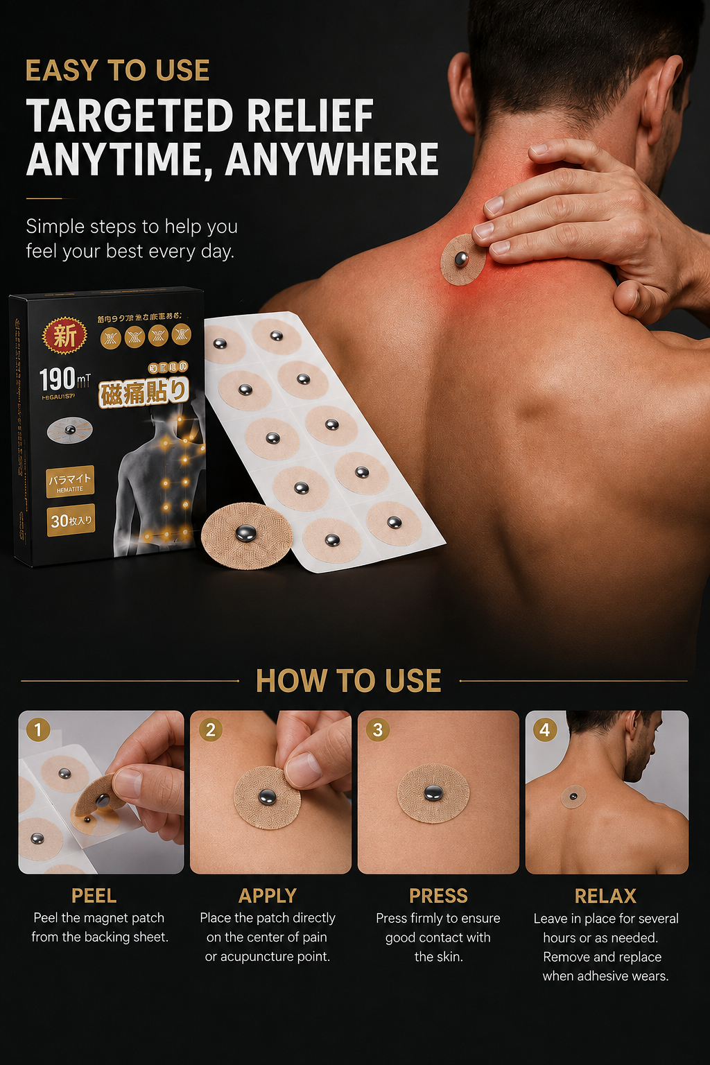 WOLLET Magnetic Acupressure Patches – 800 Gauss Hematite Magnets Kit