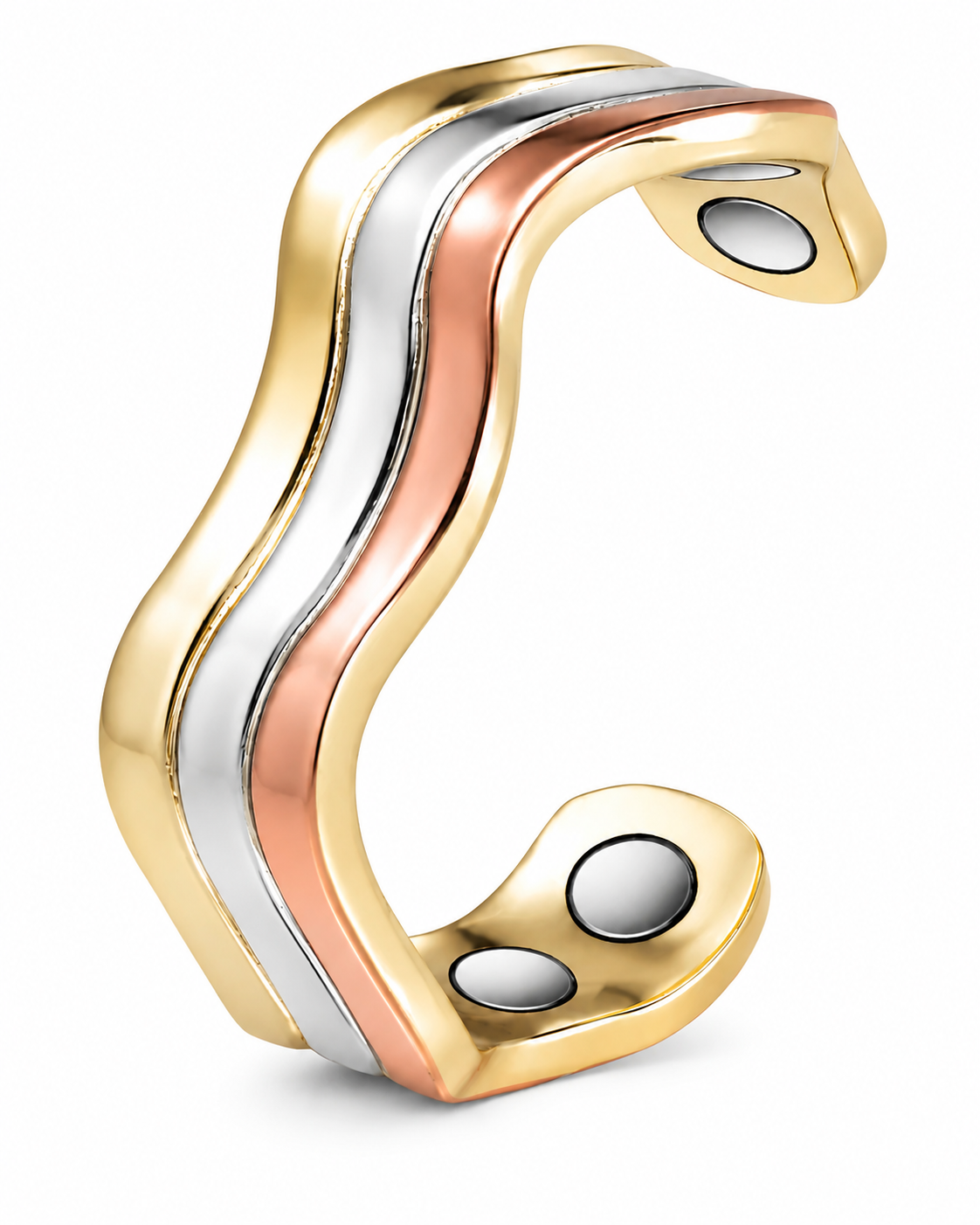WOLLET Tri-Color Magnetic Cuff Bracelet – Luxury Gold Silver & Rose Gold Wave Design Jewelry