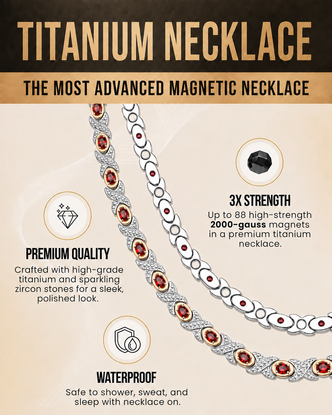 Women’s Titanium Magnetic Necklace with Zircon Stones, Silver & Gold-Tone Design