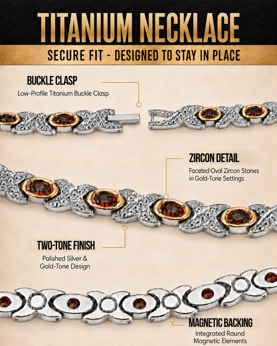 Women’s Titanium Magnetic Necklace with Zircon Stones, Silver & Gold-Tone Design