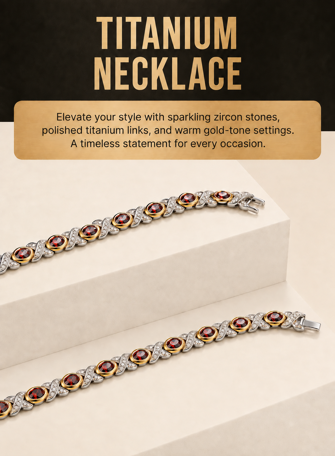 Women’s Titanium Magnetic Necklace with Zircon Stones, Silver & Gold-Tone Design