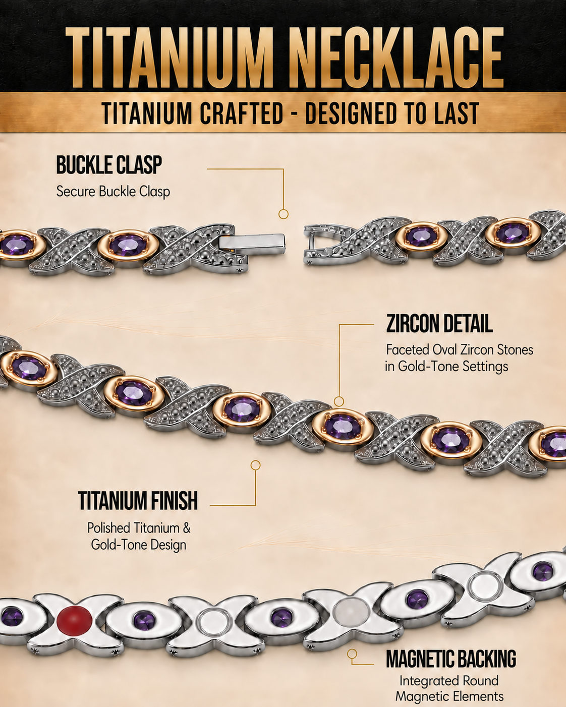 Women’s Titanium Magnetic Necklace with Purple Zircon