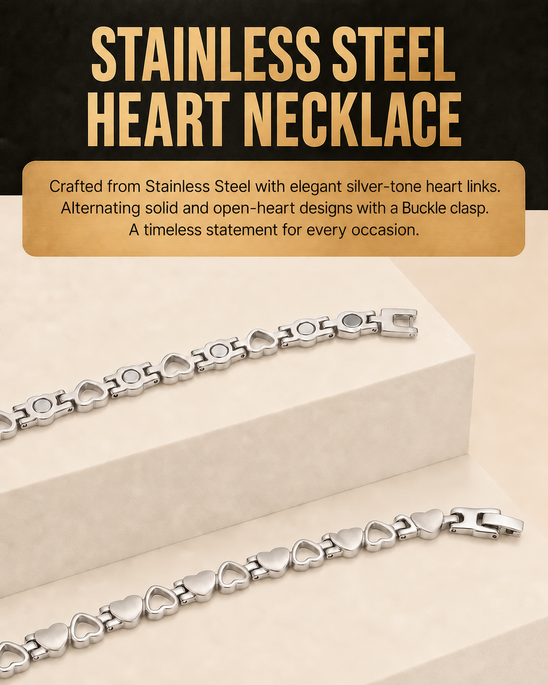 WOLLET Silver Stainless Steel Magnetic Necklace with Heart Links and Buckle Clasp