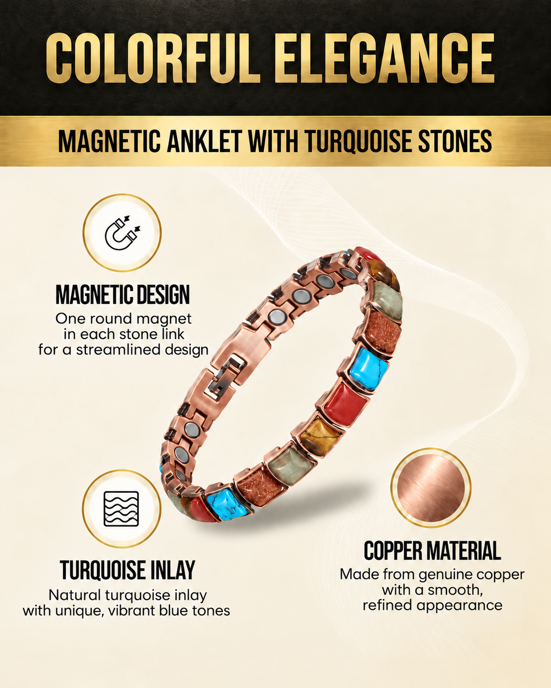 WOLLET Ultra Strength Copper Magnetic Therapy Anklet