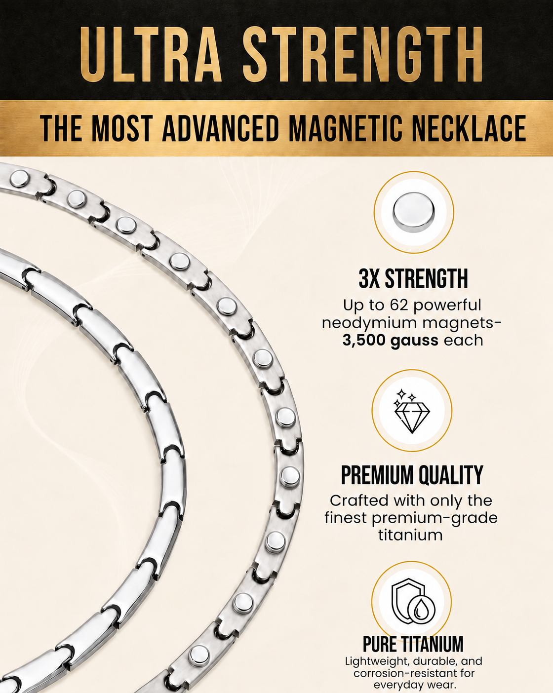 Men`s Powerful Silver Titanium Magnetic Therapy Necklace