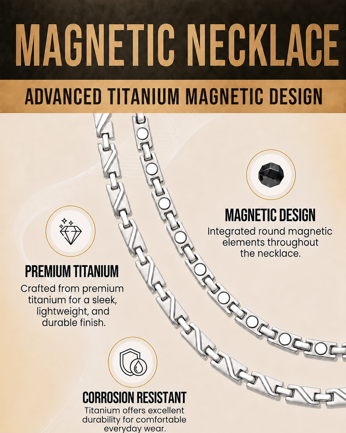 Men`s Powerful Silver Titanium Magnetic Therapy Necklace