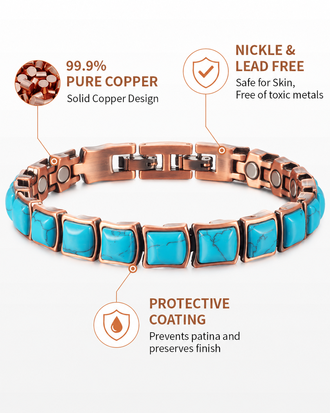 Women’s Magnetic Copper Bracelet with Blue Turquoise