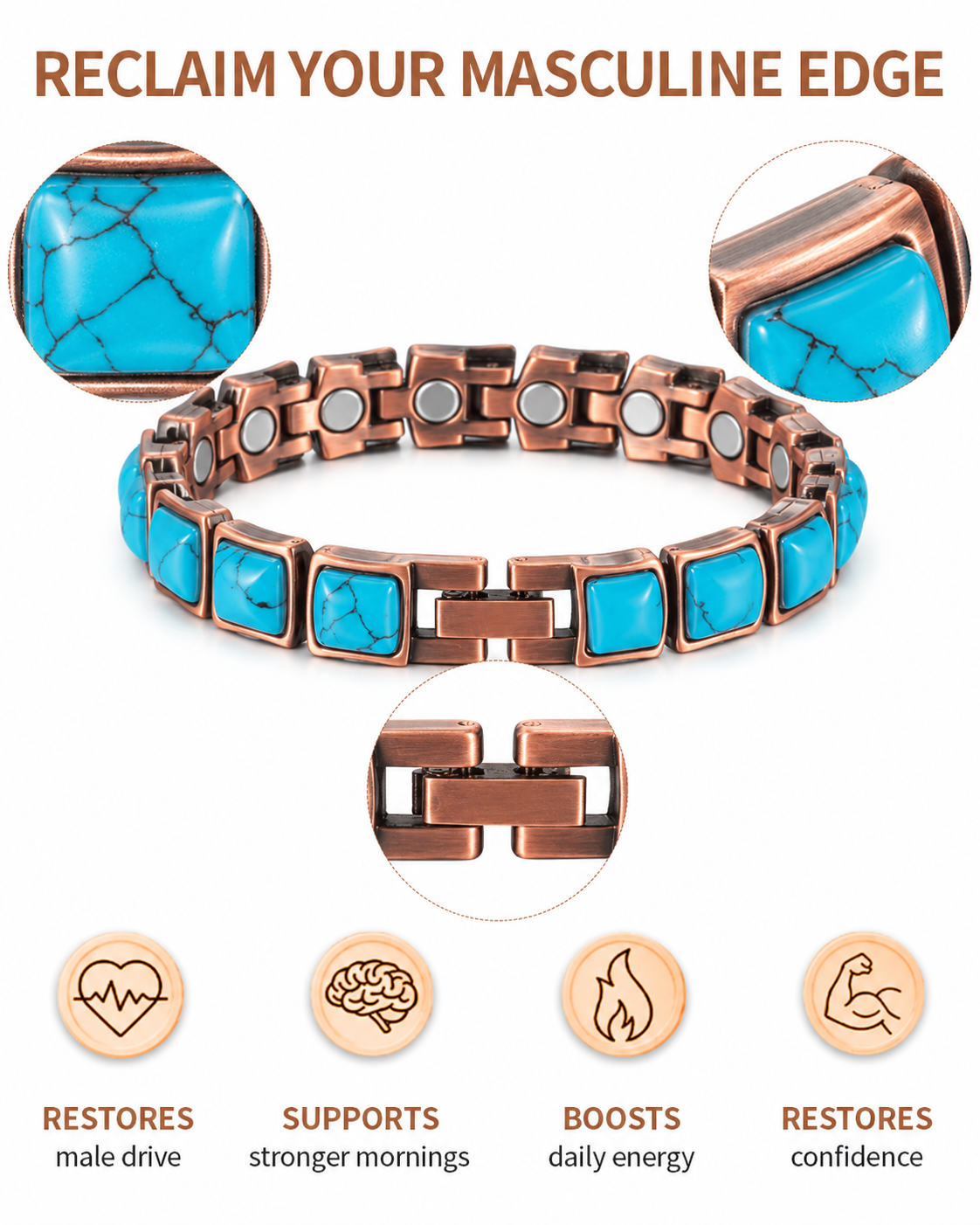 Women’s Magnetic Copper Bracelet with Blue Turquoise