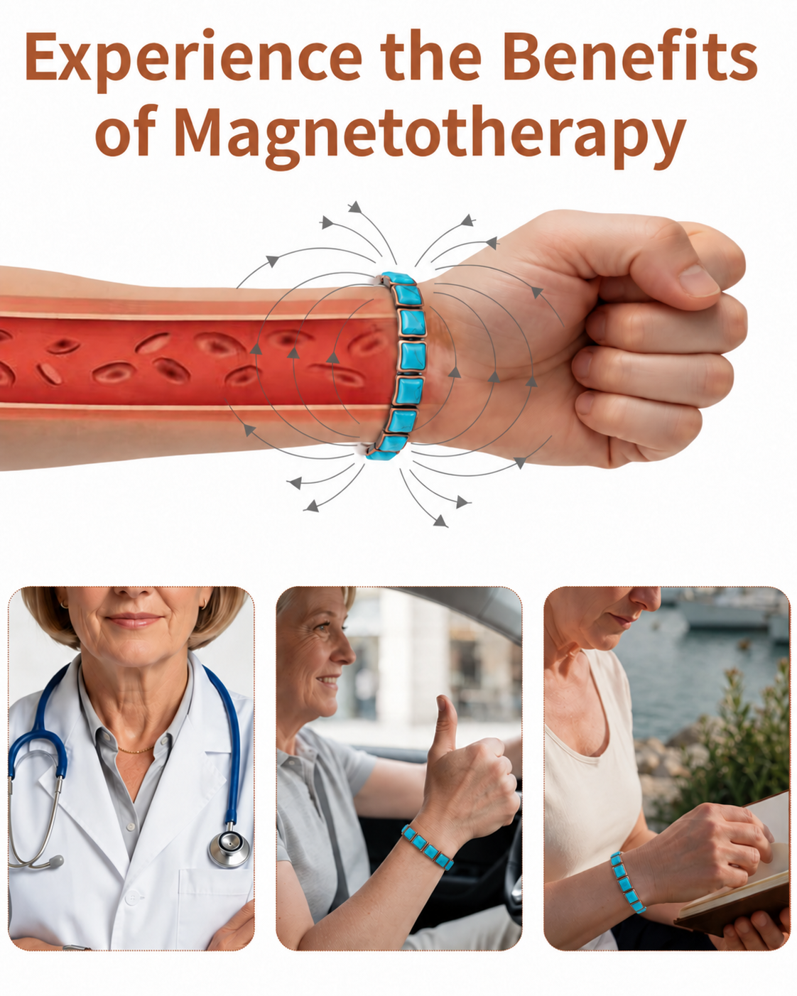 Women’s Magnetic Copper Bracelet with Blue Turquoise