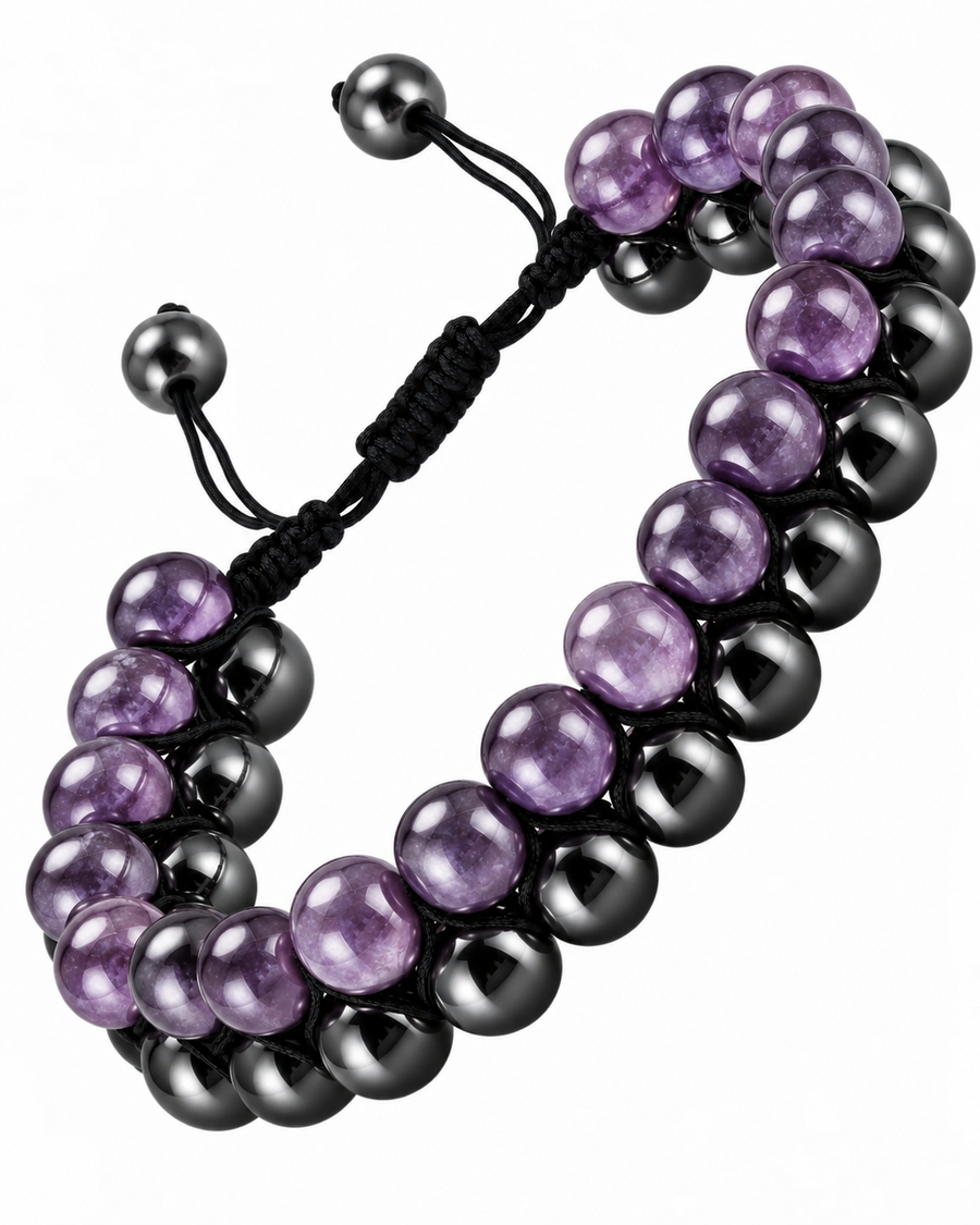 WOLLET Magnetic Hematite & Amethyst Beaded Bracelet (Adjustable Double Row)