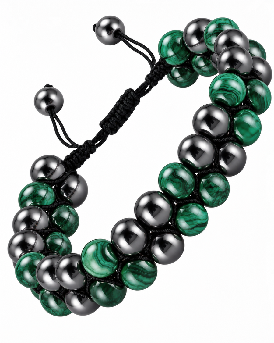 WOLLET Magnetic Hematite & Malachite Beaded Bracelet (Adjustable Double Row)