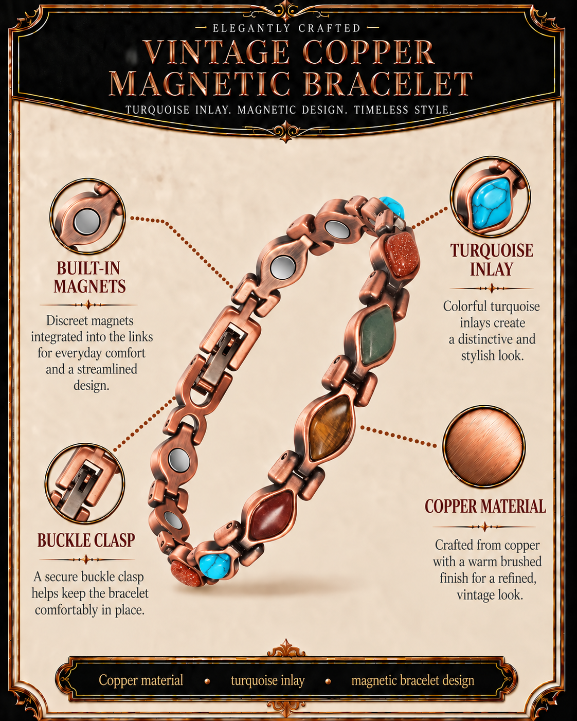 Wollet Women’s Ultra Strength Copper Magnetic Bracelet with Colorful Turquoise Inlay