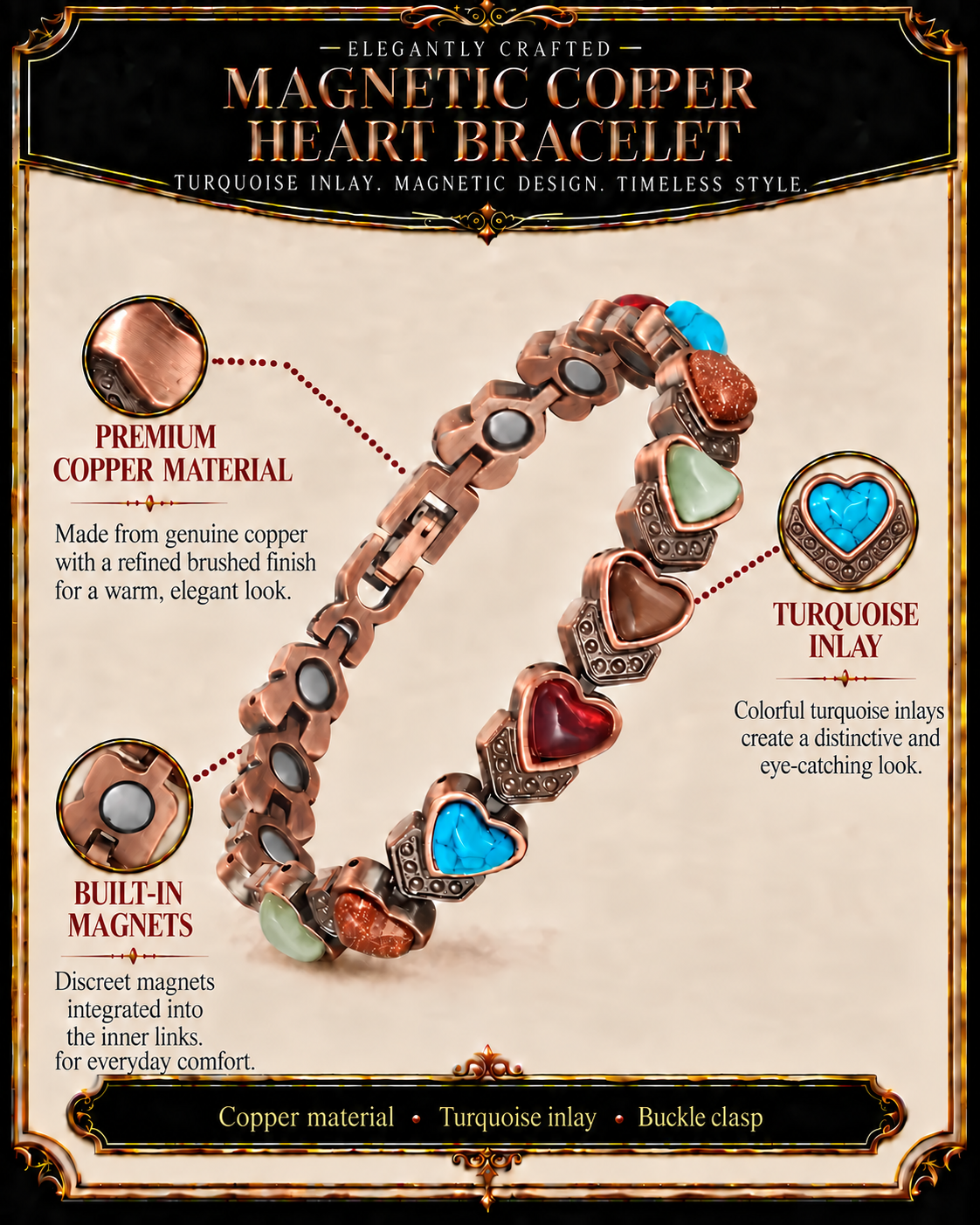 WOLLET Women’s Copper Magnetic Heart Bracelet with Colorful Turquoise Inlay