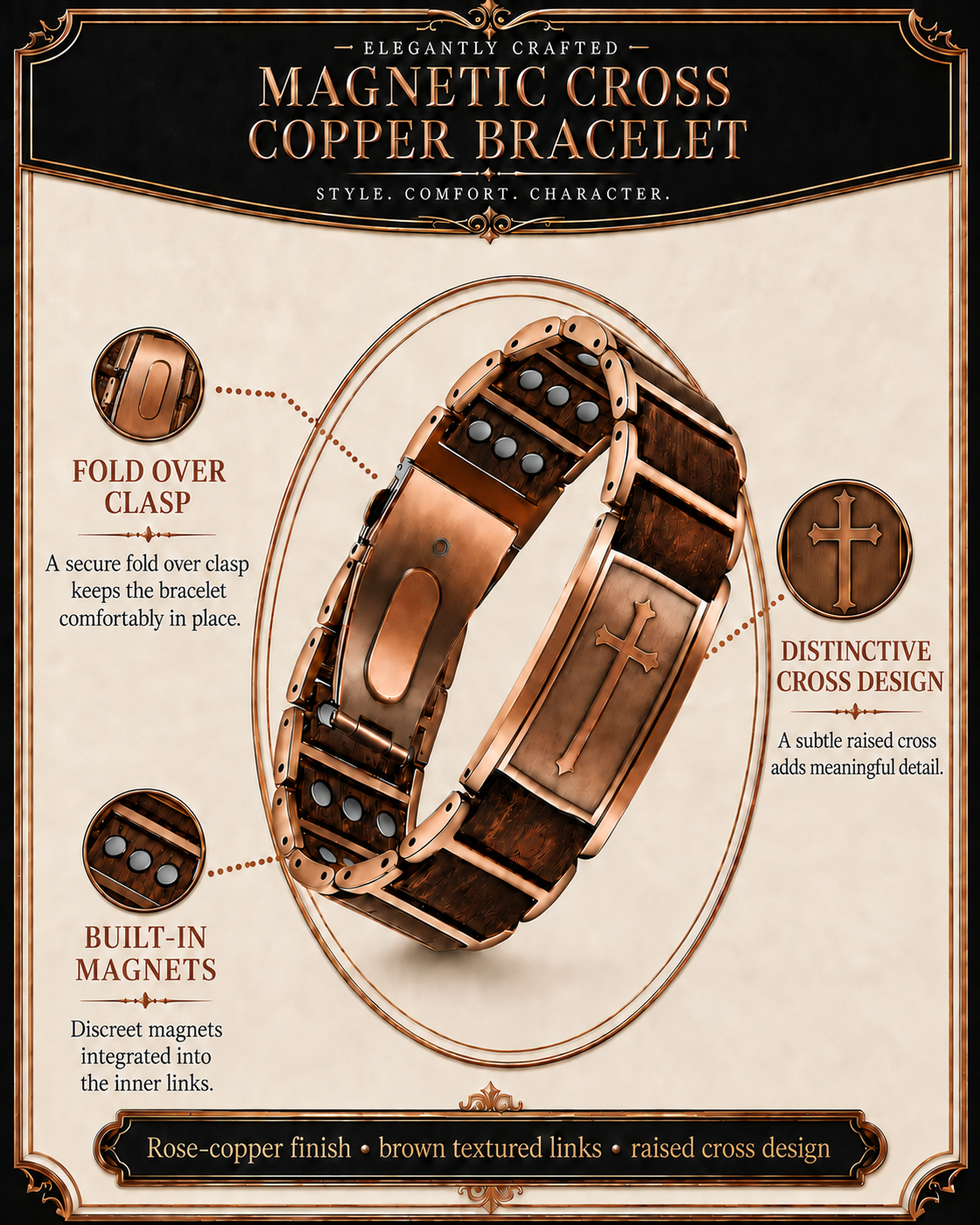 Men's Triple-Strength Copper Magnetic Therapy Bracelet with Cross (Collector's Series)