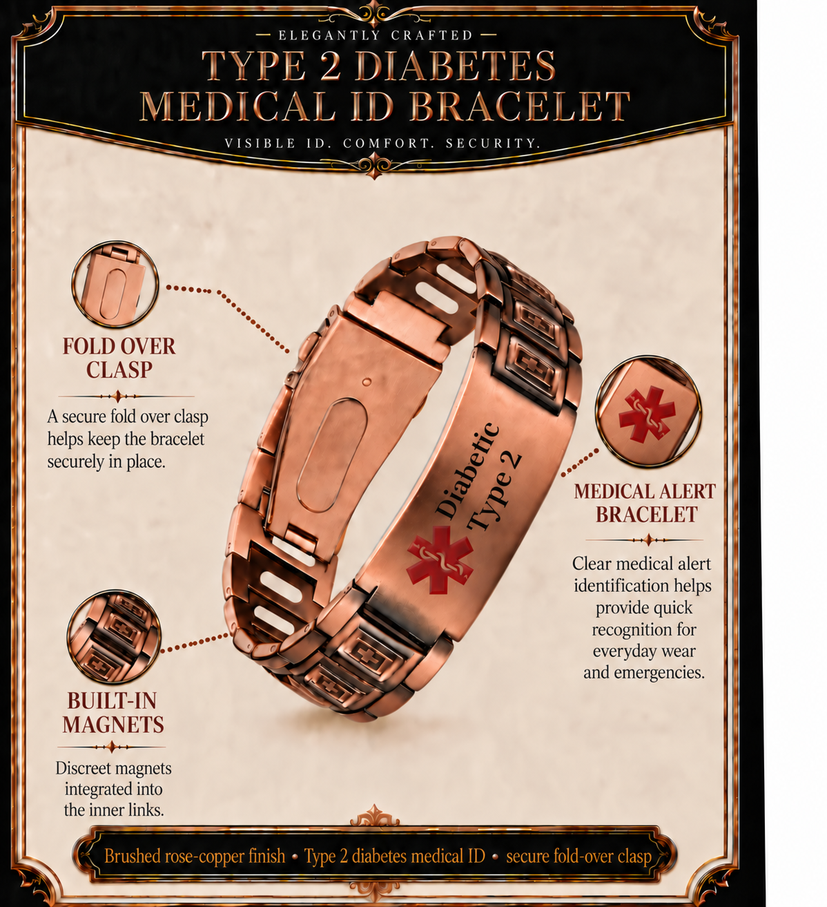 WOLLET Men’s Vintage Copper Medical Alert Bracelet – Magnetic Medical ID Bracelet for Everyday Wear