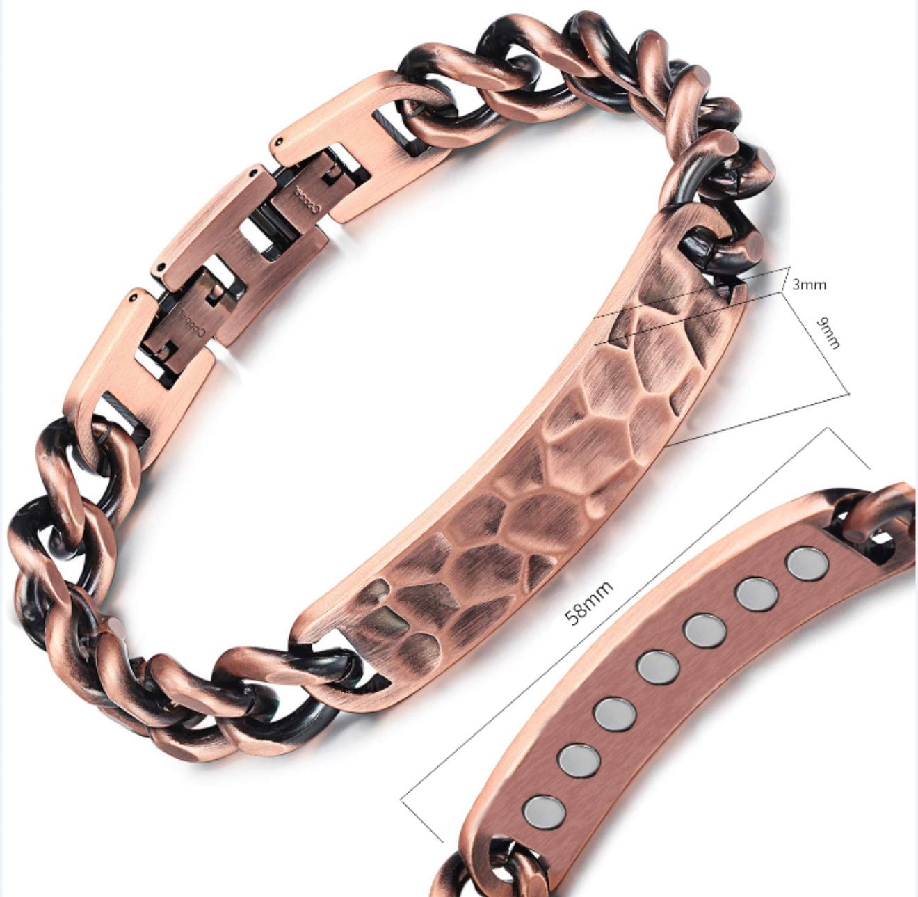 Wollet Vintage Hammered Copper Magnetic Bracelet for Men Adjustable Chain Therapy Wristband you