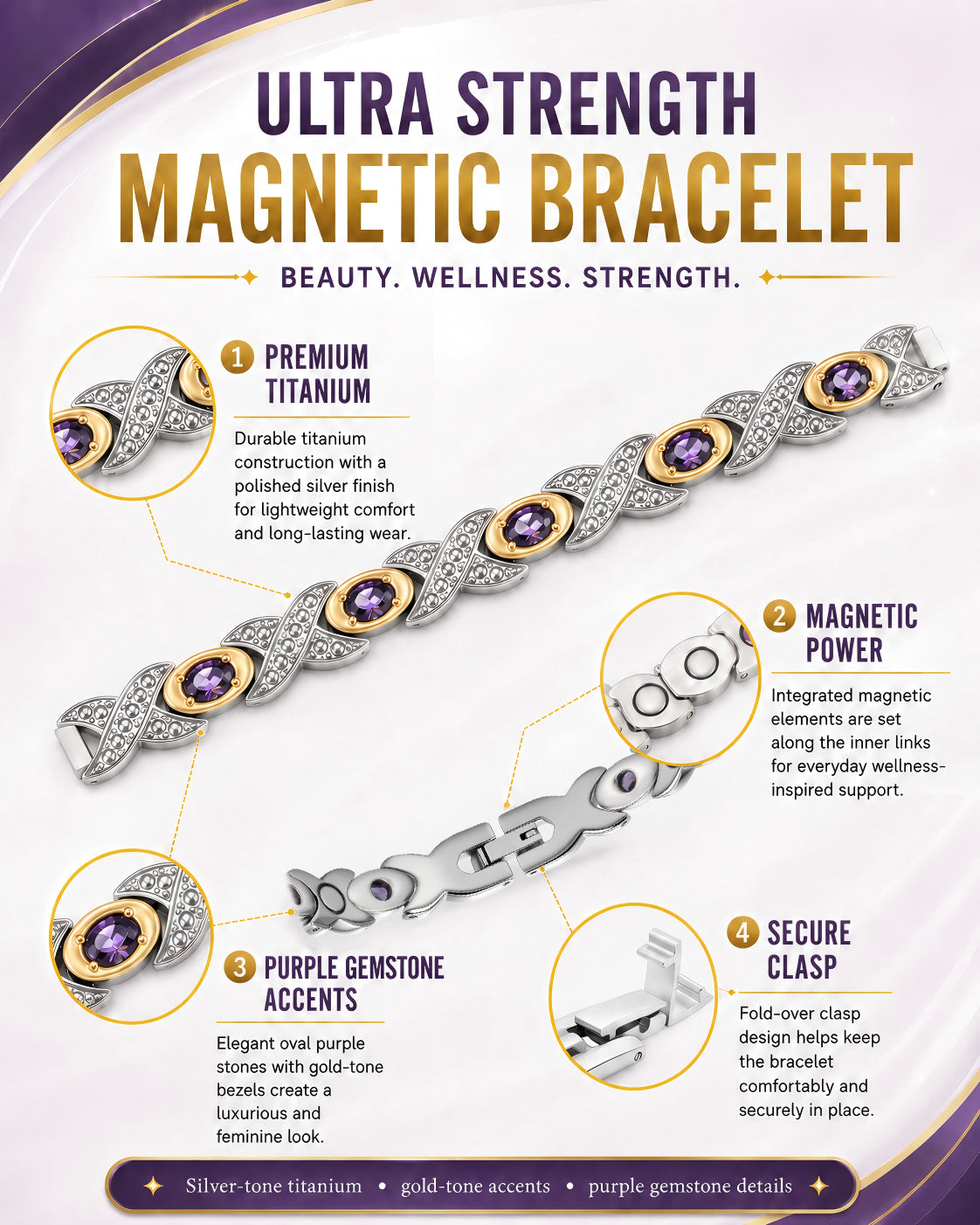 WOLLET Lightweight Titanium Bracelet for Women – Elegant Magnetic Jewelry for Everyday Wear