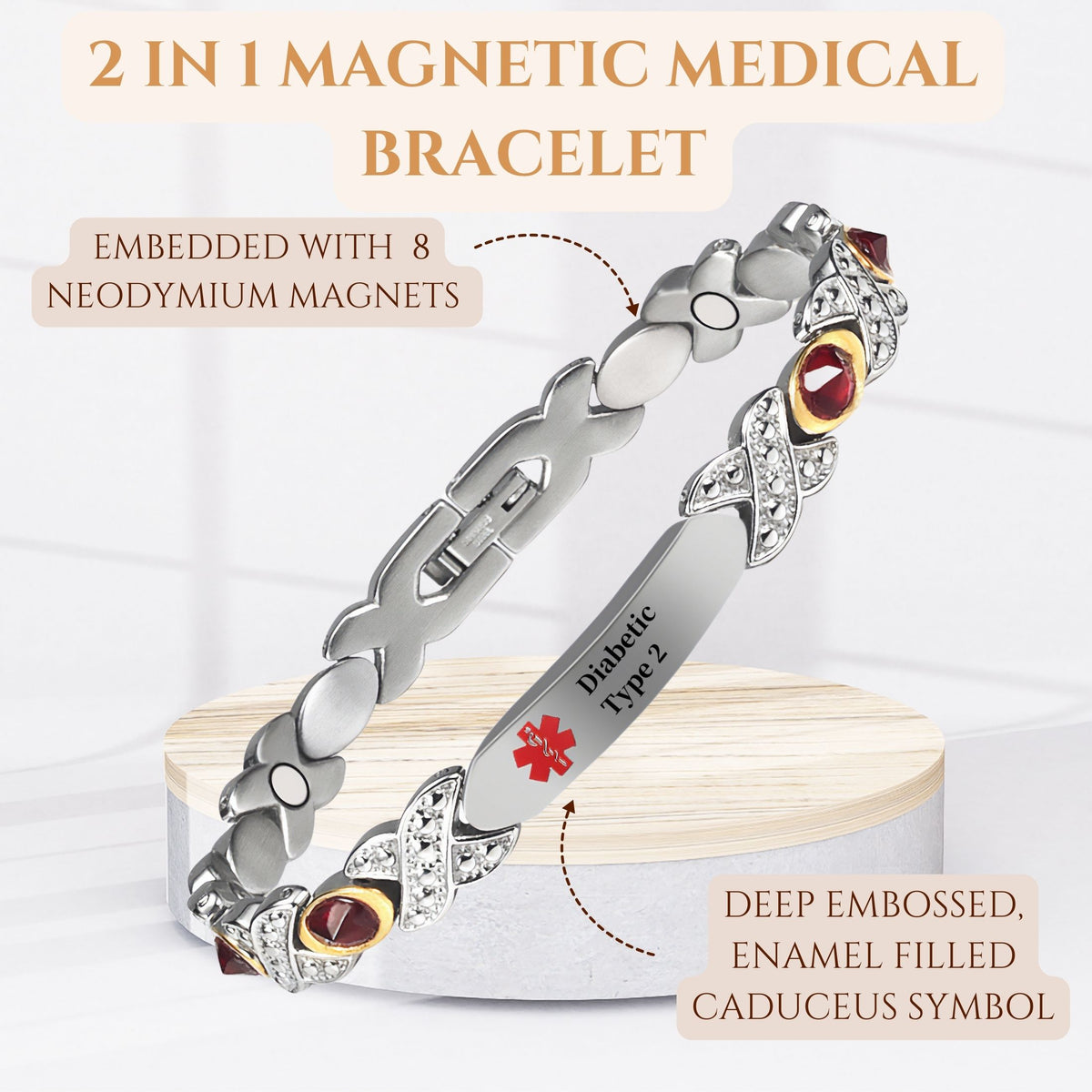 Wollet Stainless Steel Medical Alert ID Bracelets for WoMen, Engraved Diabetic Type 2