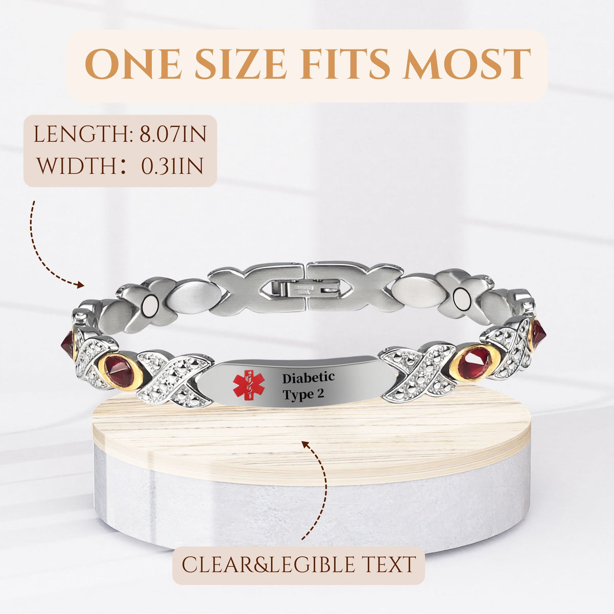 Wollet Stainless Steel Medical Alert ID Bracelets for WoMen, Engraved Diabetic Type 2