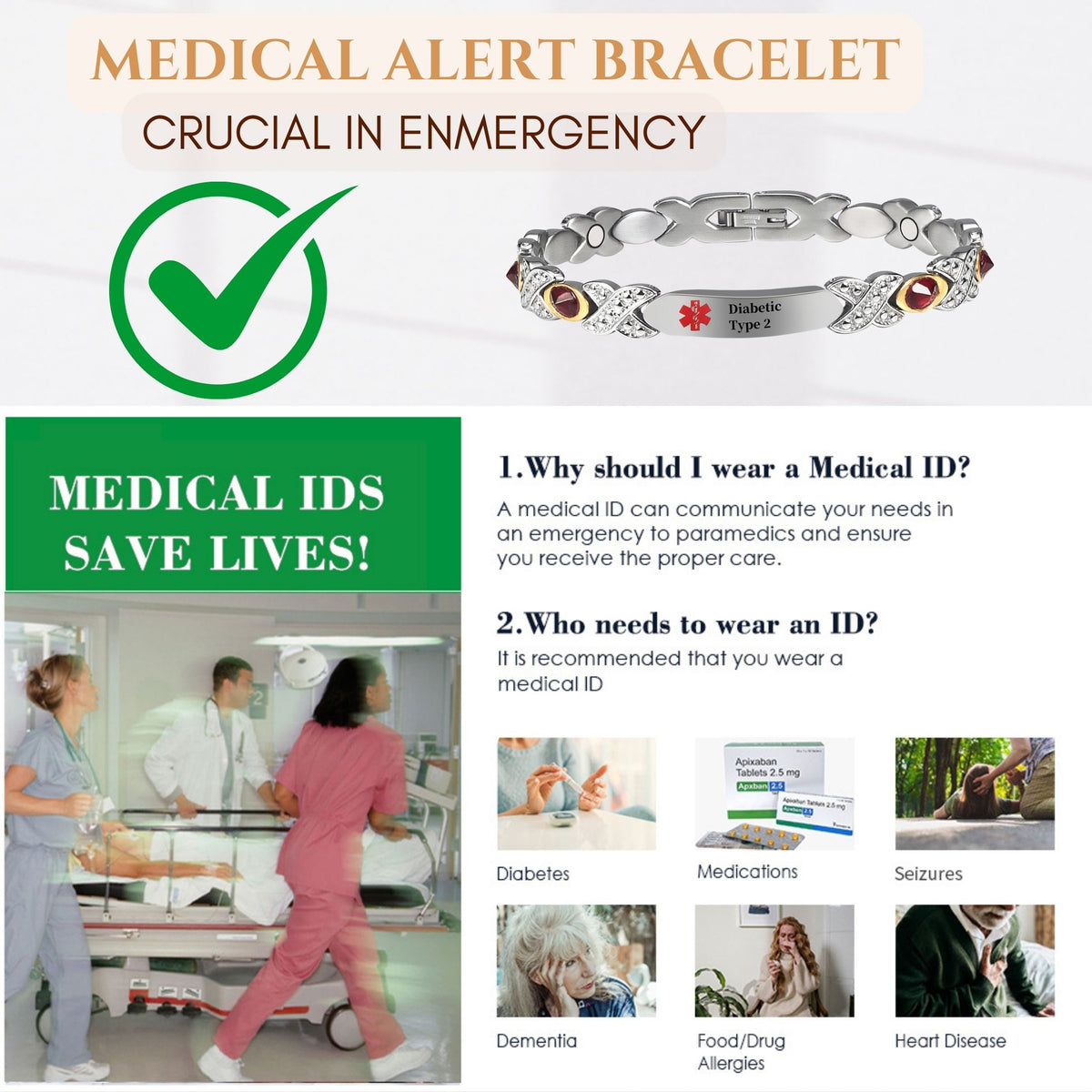 Wollet Stainless Steel Medical Alert ID Bracelets for WoMen, Engraved Diabetic Type 2