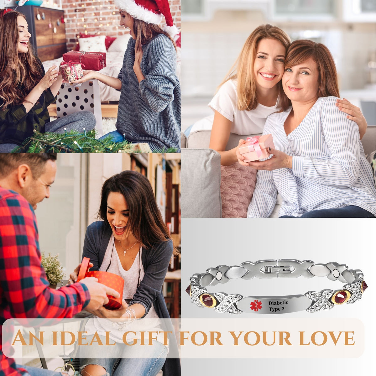 Wollet Stainless Steel Medical Alert ID Bracelets for WoMen, Engraved Diabetic Type 2
