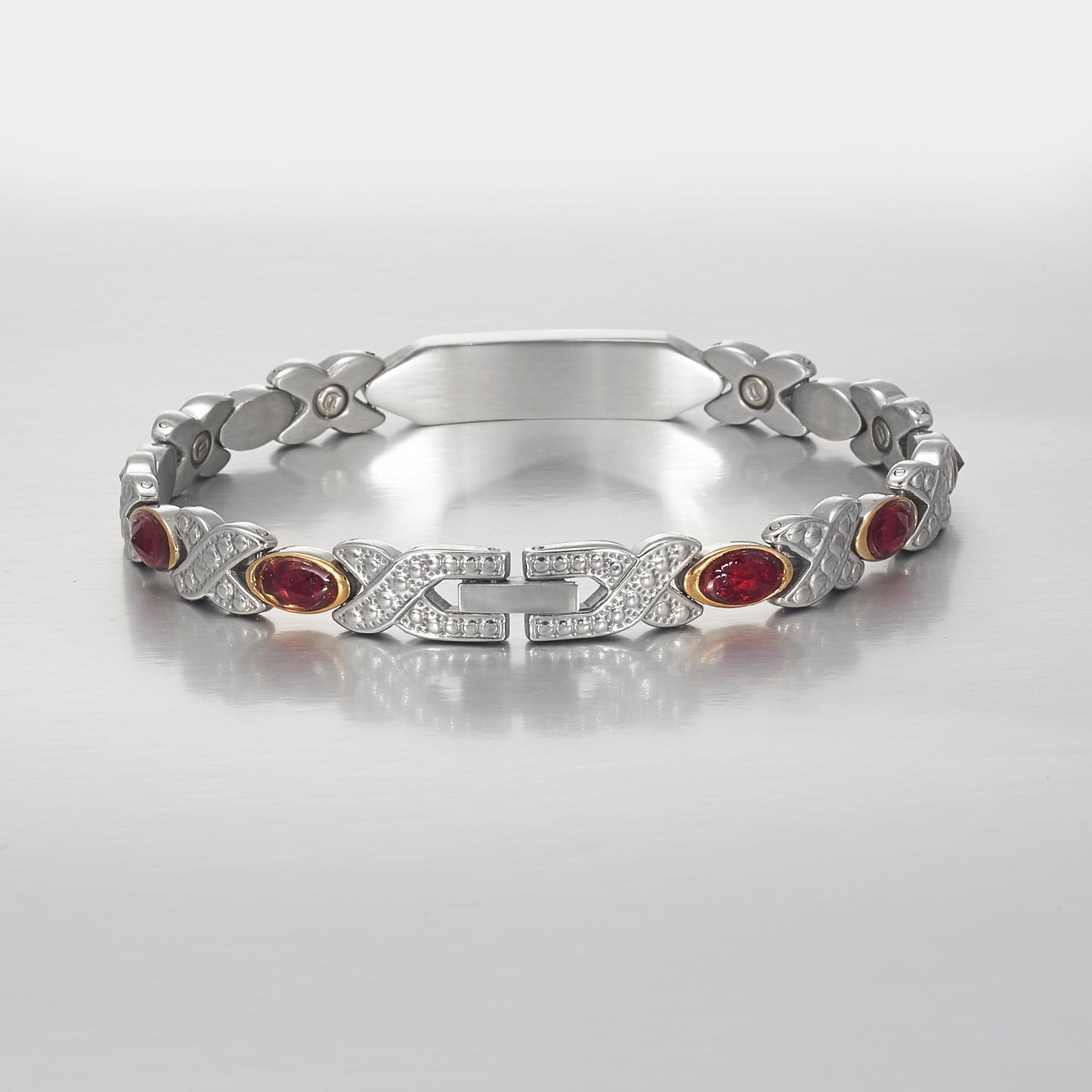 Wollet Personalized Engraved Stainless Steel Medical Alert Bracelet for Women, 8.07in x 0.31in with Red CZ Stone
