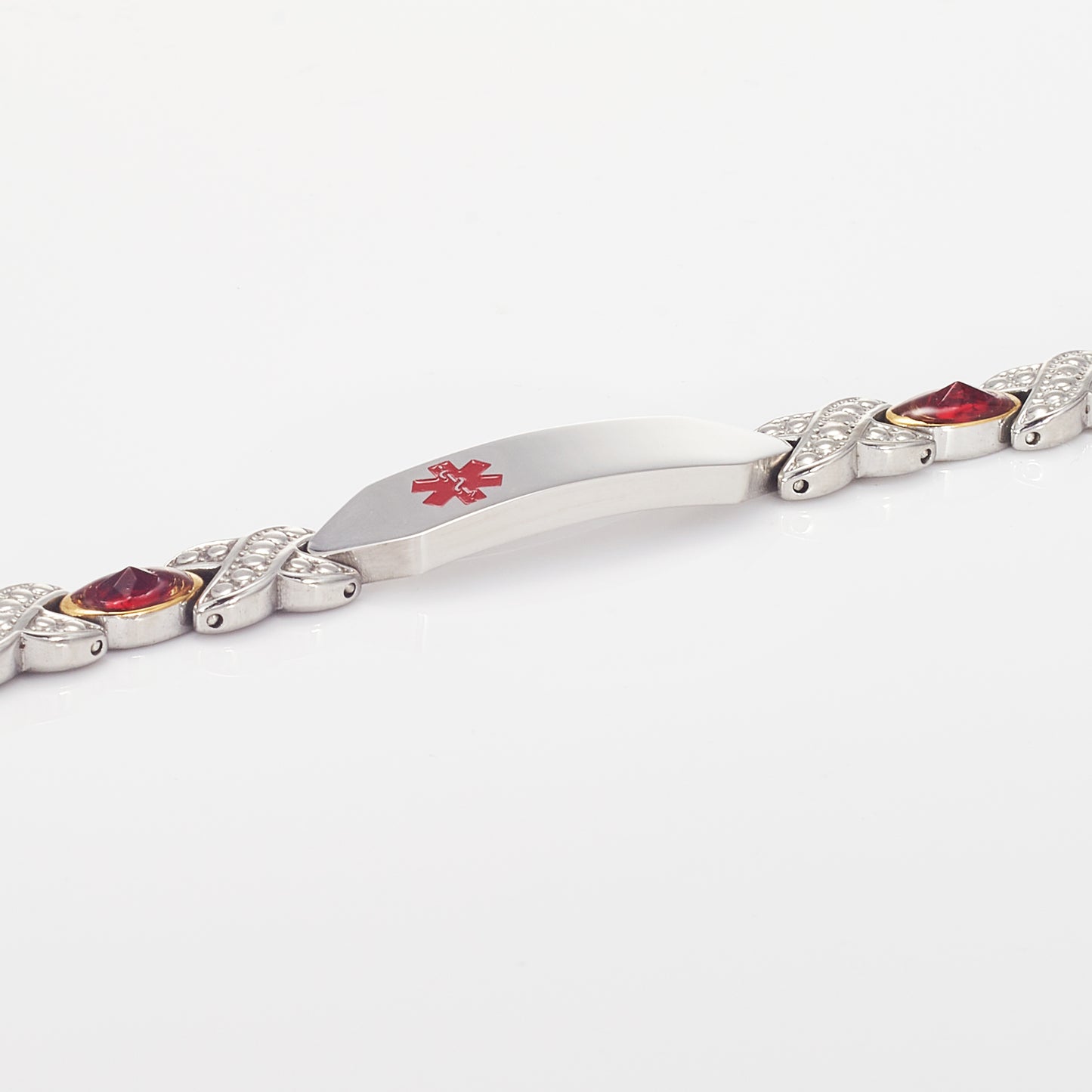 Wollet Personalized Engraved Stainless Steel Medical Alert Bracelet for Women, 8.07in x 0.31in with Red CZ Stone