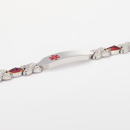 Wollet Personalized Engraved Stainless Steel Medical Alert Bracelet for Women, 8.07in x 0.31in with Red CZ Stone