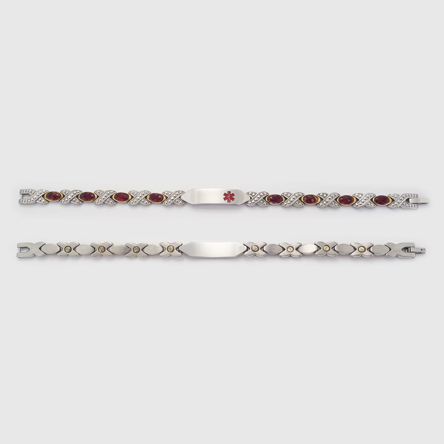 Wollet Personalized Engraved Stainless Steel Medical Alert Bracelet for Women, 8.07in x 0.31in with Red CZ Stone