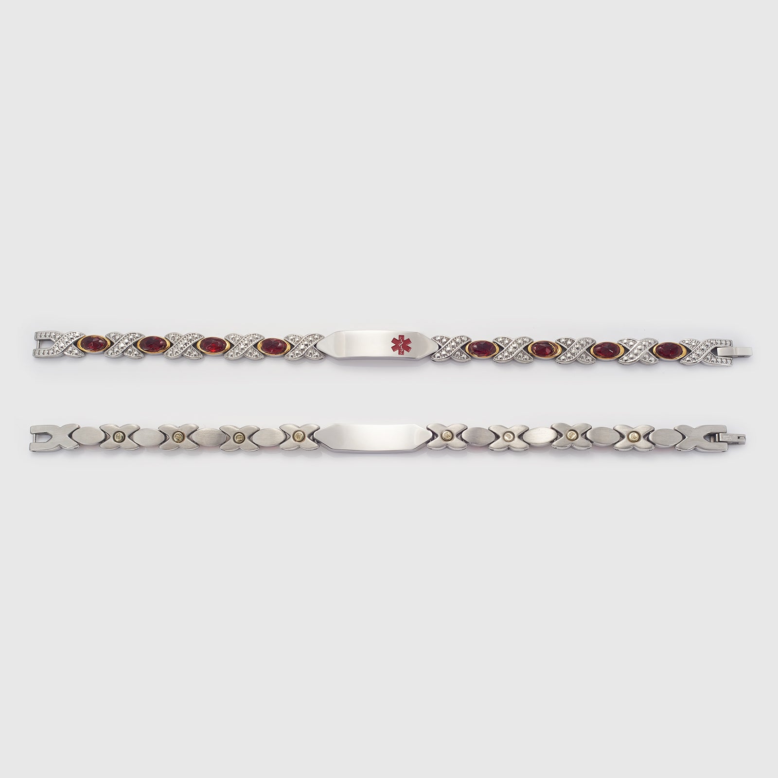 Wollet Personalized Engraved Stainless Steel Medical Alert Bracelet for Women, 8.07in x 0.31in with Red CZ Stone