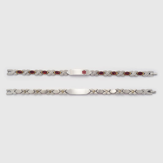 Wollet Personalized Engraved Stainless Steel Medical Alert Bracelet for Women, 8.07in x 0.31in with Red CZ Stone