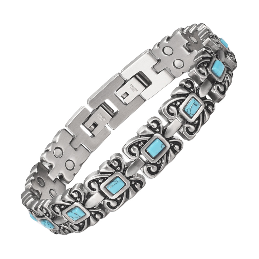 WOLLET Women’s Vintage Silver-Tone Magnetic Bracelet with Turquoise Inlay