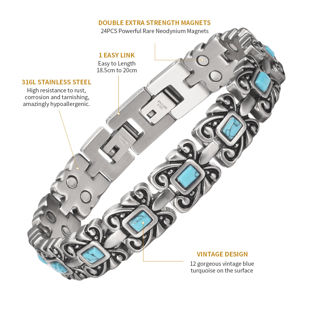 WOLLET Women’s Vintage Silver-Tone Magnetic Bracelet with Turquoise Inlay
