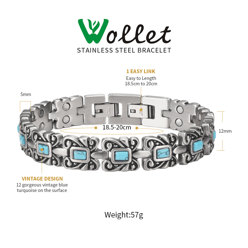 WOLLET Women’s Vintage Silver-Tone Magnetic Bracelet with Turquoise Inlay