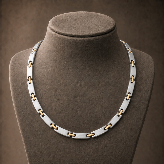WOLLET Two-Tone Titanium Magnetic Necklace for Men, Silver & Gold Link Chain, Premium Stainless Steel Wellness Jewelry